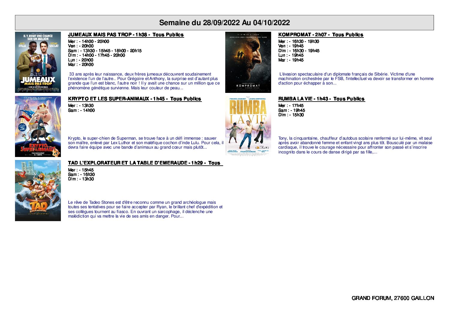 CINÉMA : Programmation de la semaine