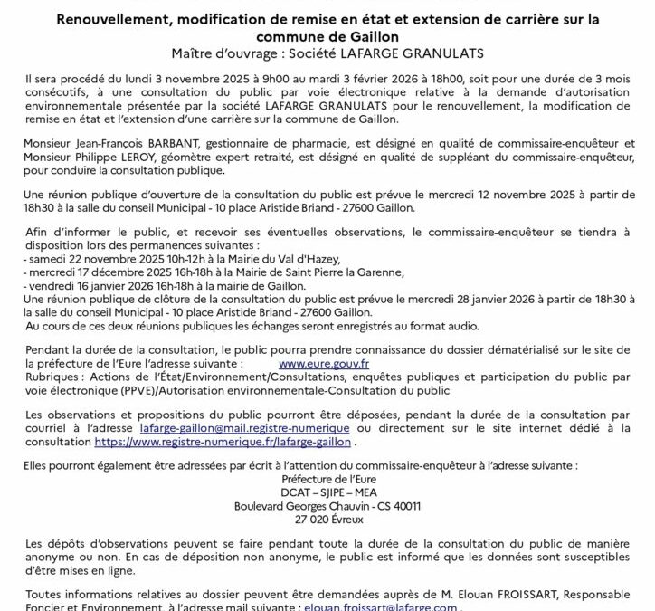 📢 Avis de consultation du public – Carrière de Gaillon