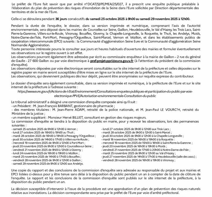 📢 AVIS D’ENQUÊTE PUBLIQUE – PPRI de la Seine dans l’Eure